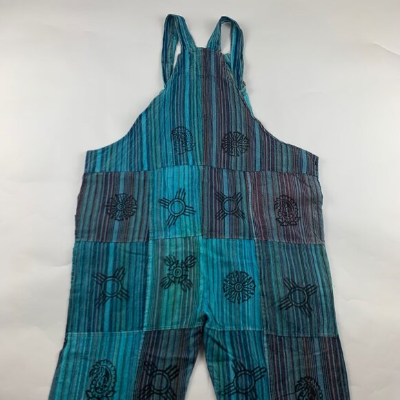 Vintage Wevez Turquoise Striped Cotton Stamp Print Relaxed Overalls One Size - Picture 8 of 9